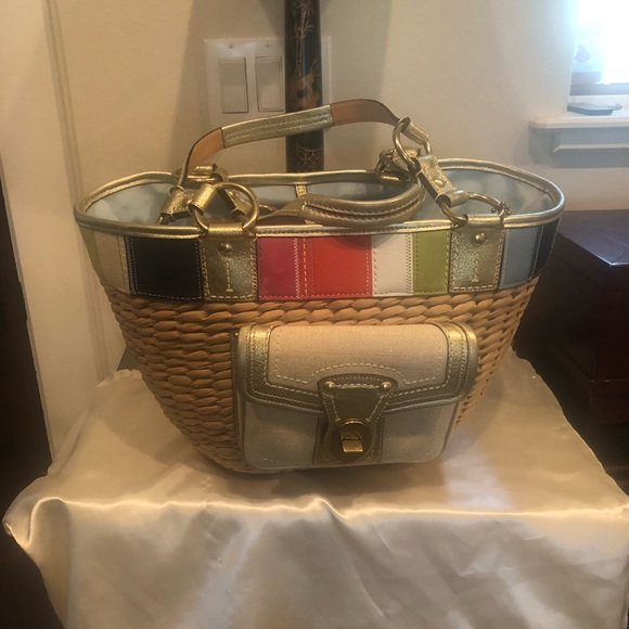 COACH LEATHER/STRAW SATCHEL BEACH TOTE NWOT VINTAGE! - Picture 3 of 15